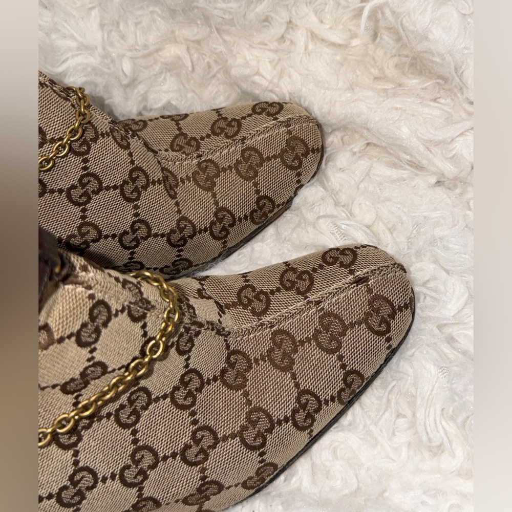 Vintage Gucci GG Monogram Horsebit Harness Ankle High Heeled Beige Canvas Boots - Picture 6 of 15